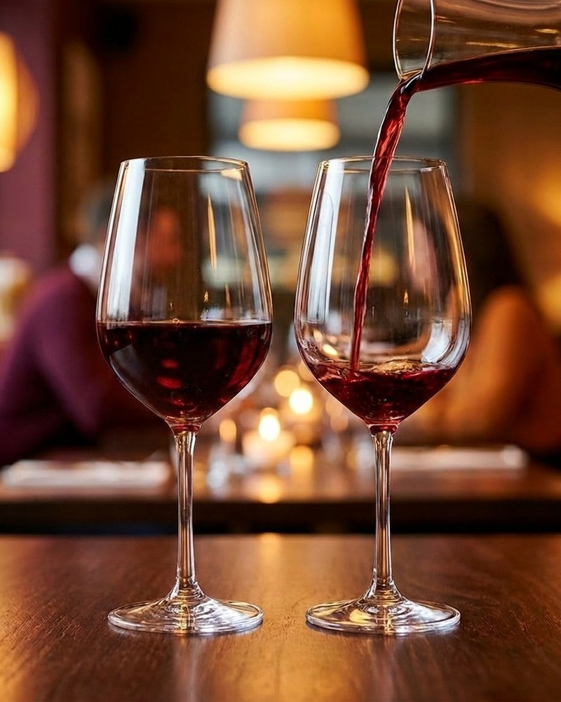 Red wine poured from a decanter beside a full glass in a warm restaurant dining room